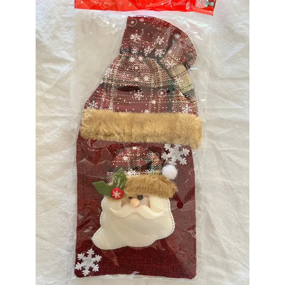 Set of 3 Christmas Bottle Gift Bags Santa Snowman Reindeer Rustic Holiday